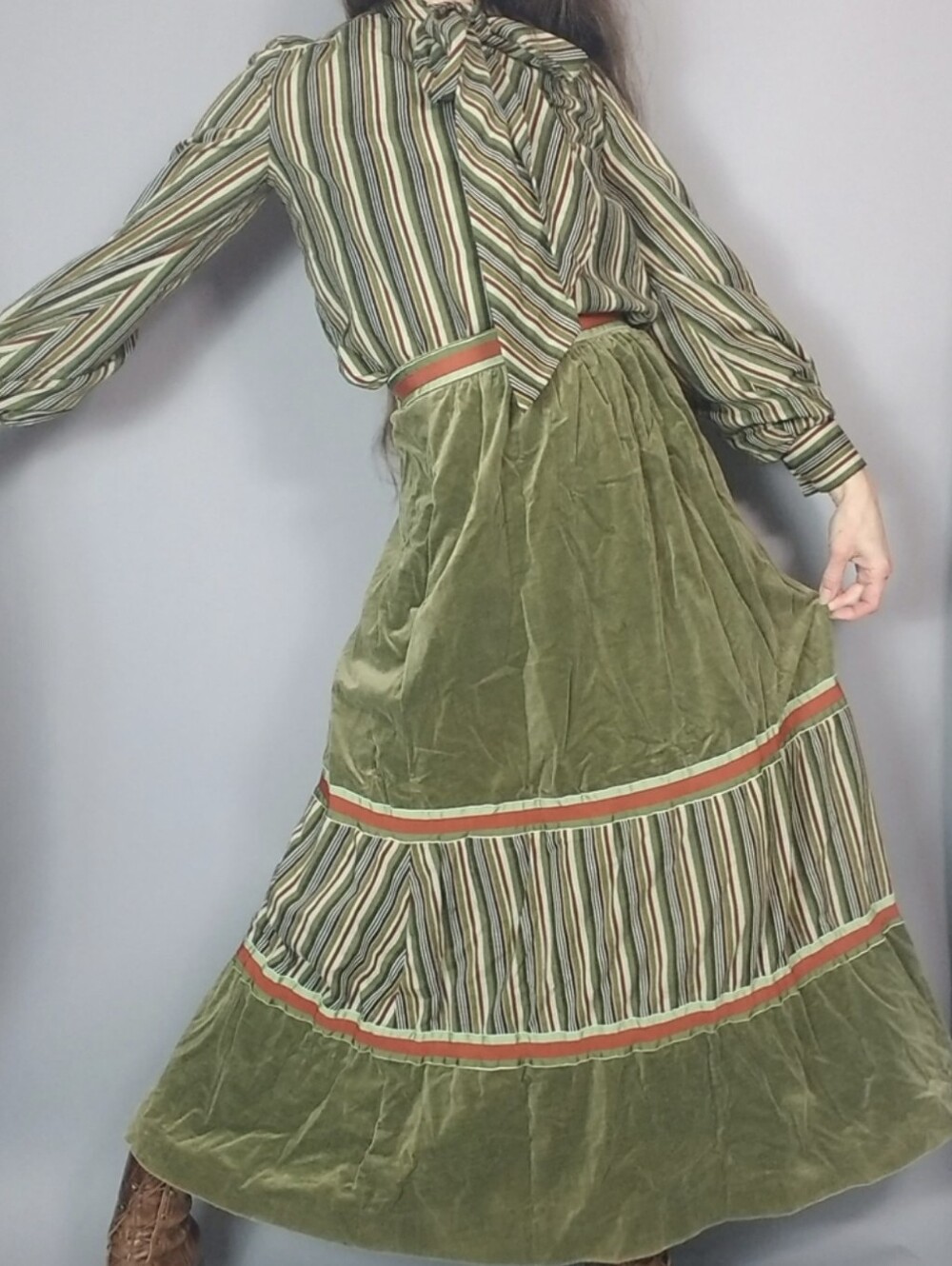 Vintage 70s Victor Costa Bohemian Green Striped Two-Piece Dress Set Xs